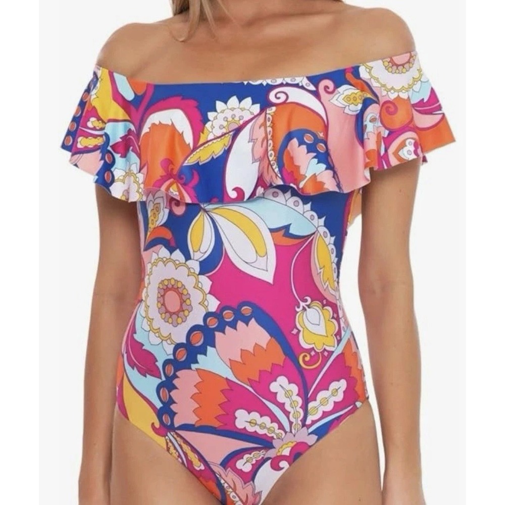 Trina Turk Multi Sevilla off the Shoulder ruffled One Piece Swimsuit, Size 8